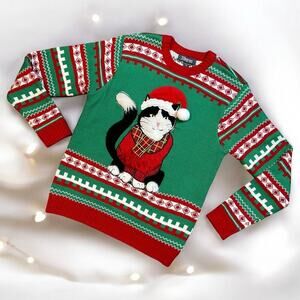 33 Degrees Mens Ugly Christmas Sweater Black White Cat Santa Hat Scarf 3D Medium